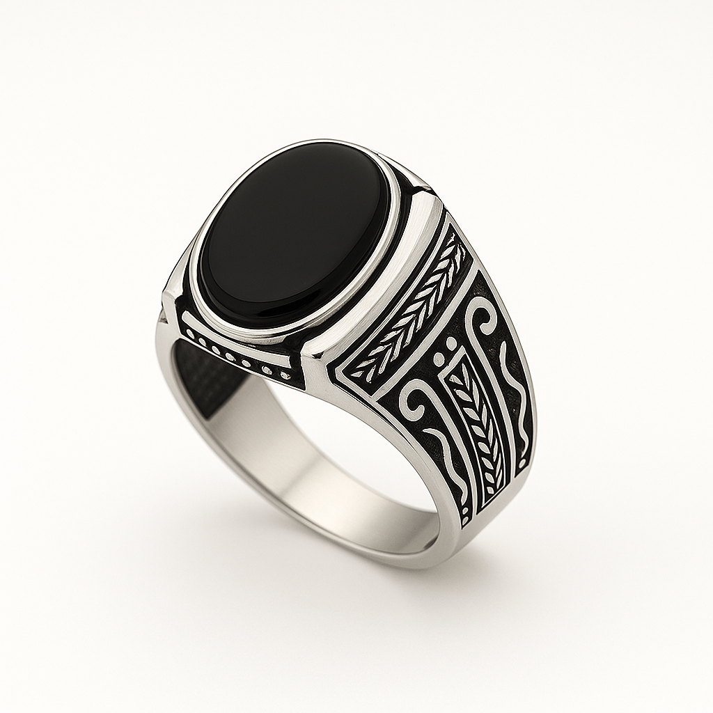 Gümüş Oniks Taşlı Örgü Desenli Erkek Yüzük