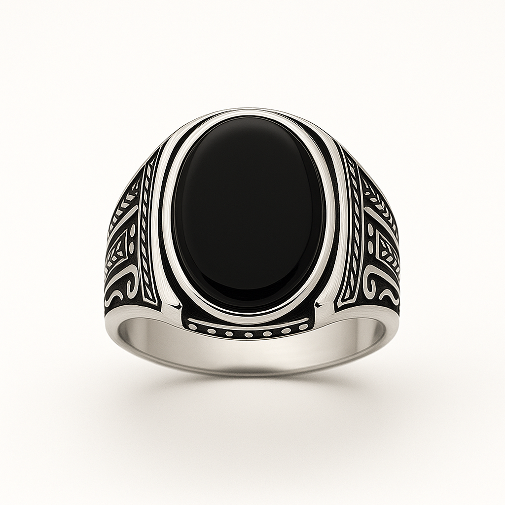 Gümüş Oniks Taşlı Örgü Desenli Erkek Yüzük