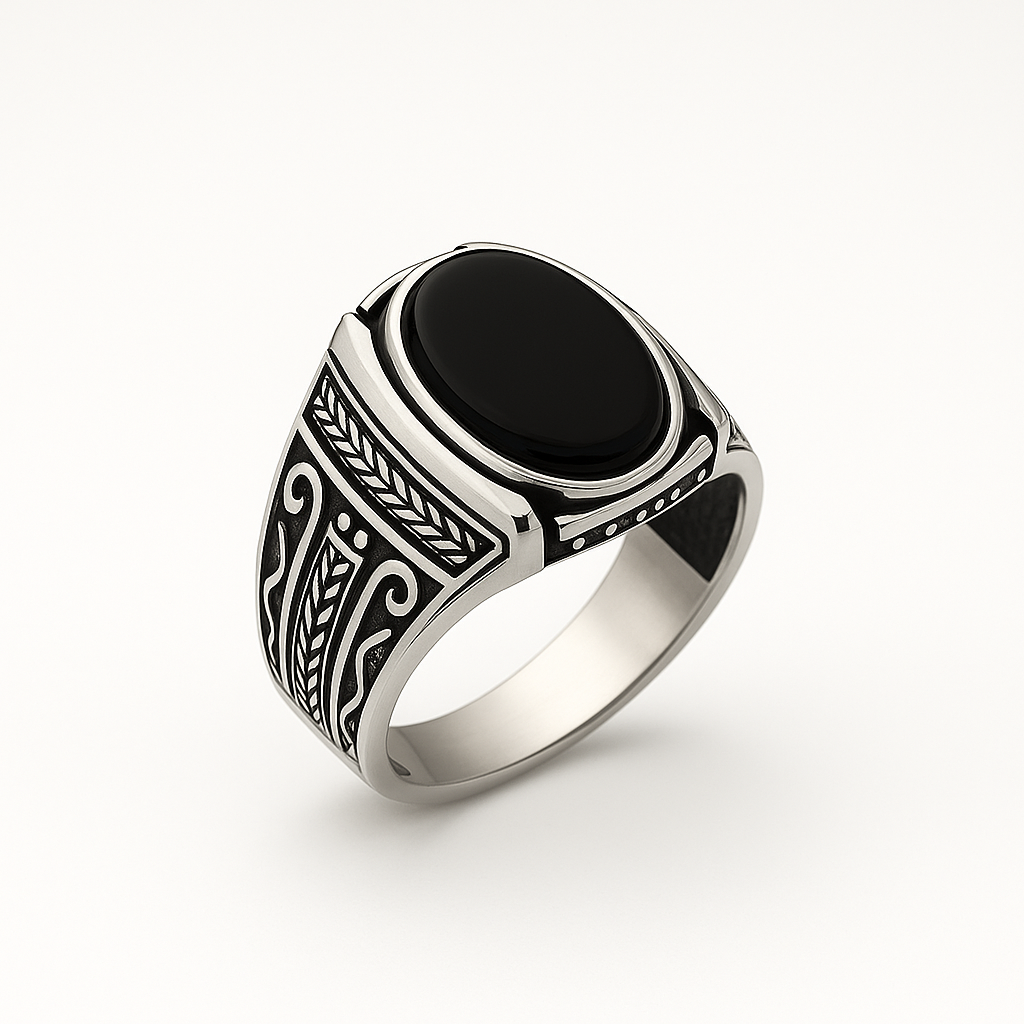 Gümüş Oniks Taşlı Örgü Desenli Erkek Yüzük Position Silver